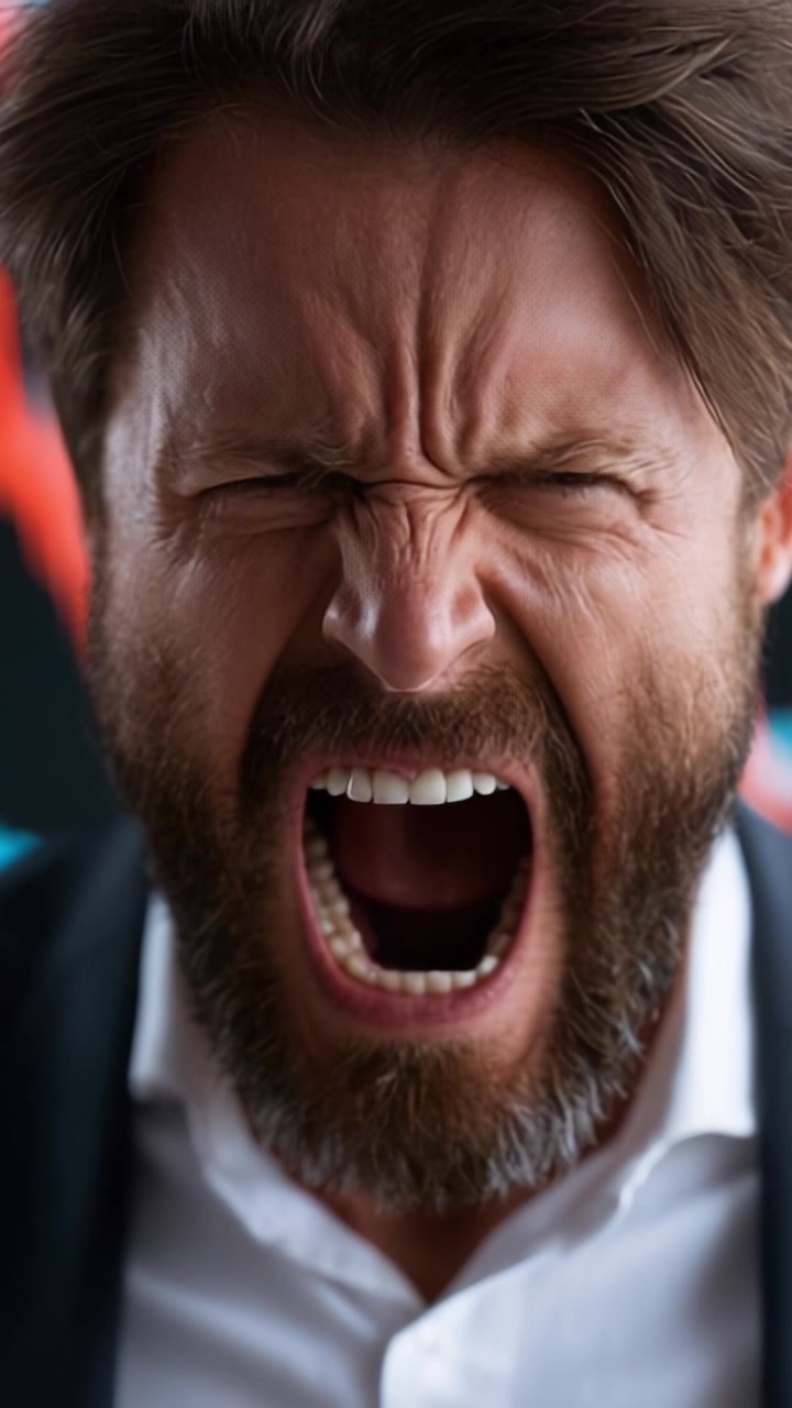 Emoción intensa capturada en expresión pura: un primer plano de un hombre lanzando un grito potente, ilustrando sentimientos humanos crudos y energía apasionada
