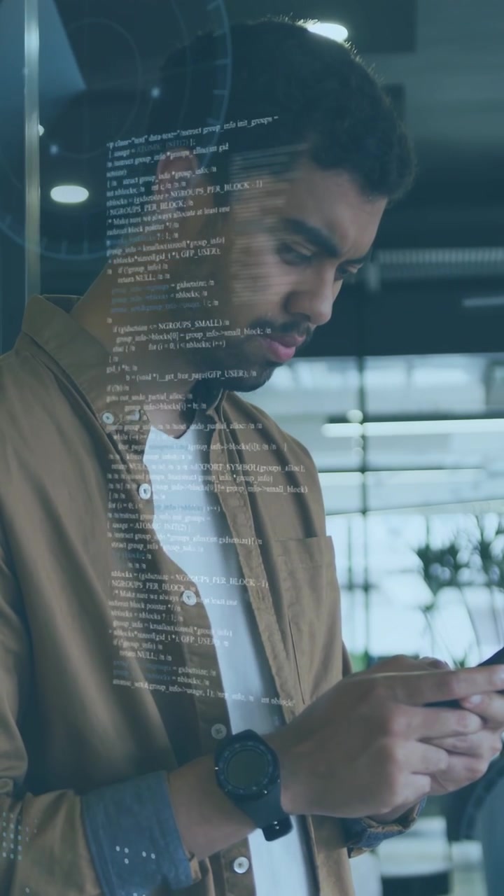 Vertical video: Man tapping smartphone, activating AR code panels overlaying torso for tech review