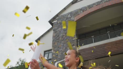 Animation-Von-Goldenem-Konfetti-über-Einem-Feiernden-Kaukasischen-Schulmädchen,-Das-Ein-Mörserbrett-In-Die-Luft-Wirft