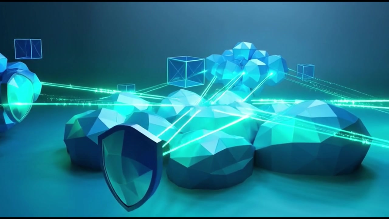Abstract 3D Network Connection with Glowing Data Beams and Shields