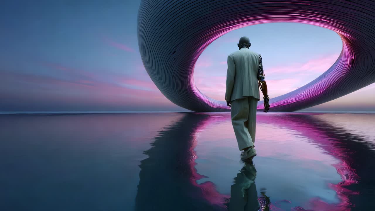 A lone figure adorned with a robotic arm stands in serene water, gazing at a futuristic structure with a vibrant pink hue, reflecting the calm sky and evoking a sense of wonder and exploration