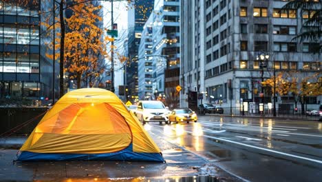 a yellow and blue tent sitting on the side of a city street