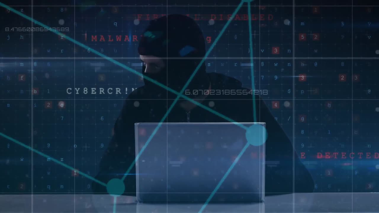 Hacker wearing balaclava using computer in a dark room with colourful digital lights on the foregrou