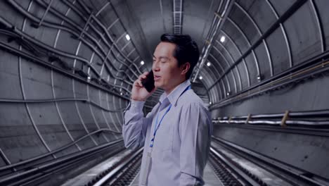 Side View Asian Male Professional Worker Standing In Underground Subway Tunnel, He Pick The Phone Up And Started To Specking To It With A Slicely Smile