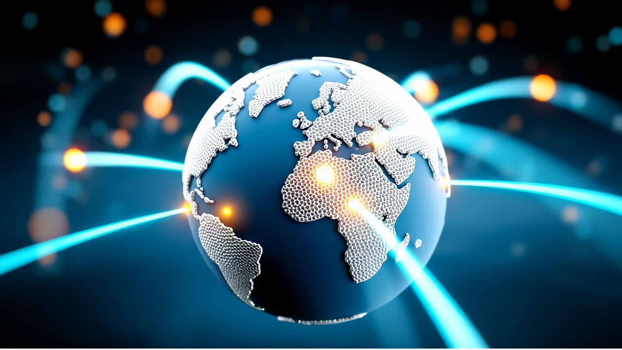 Global connections and digital pathways. A stylized globe highlights global connectivity with beams of light representing data flow and online interaction