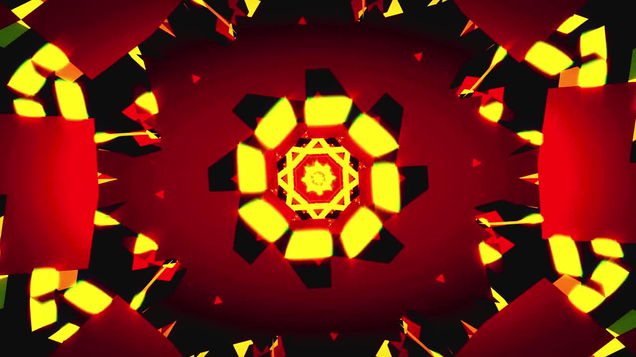 Motivo caleidoscopico geometrico dinamico rosso e giallo.