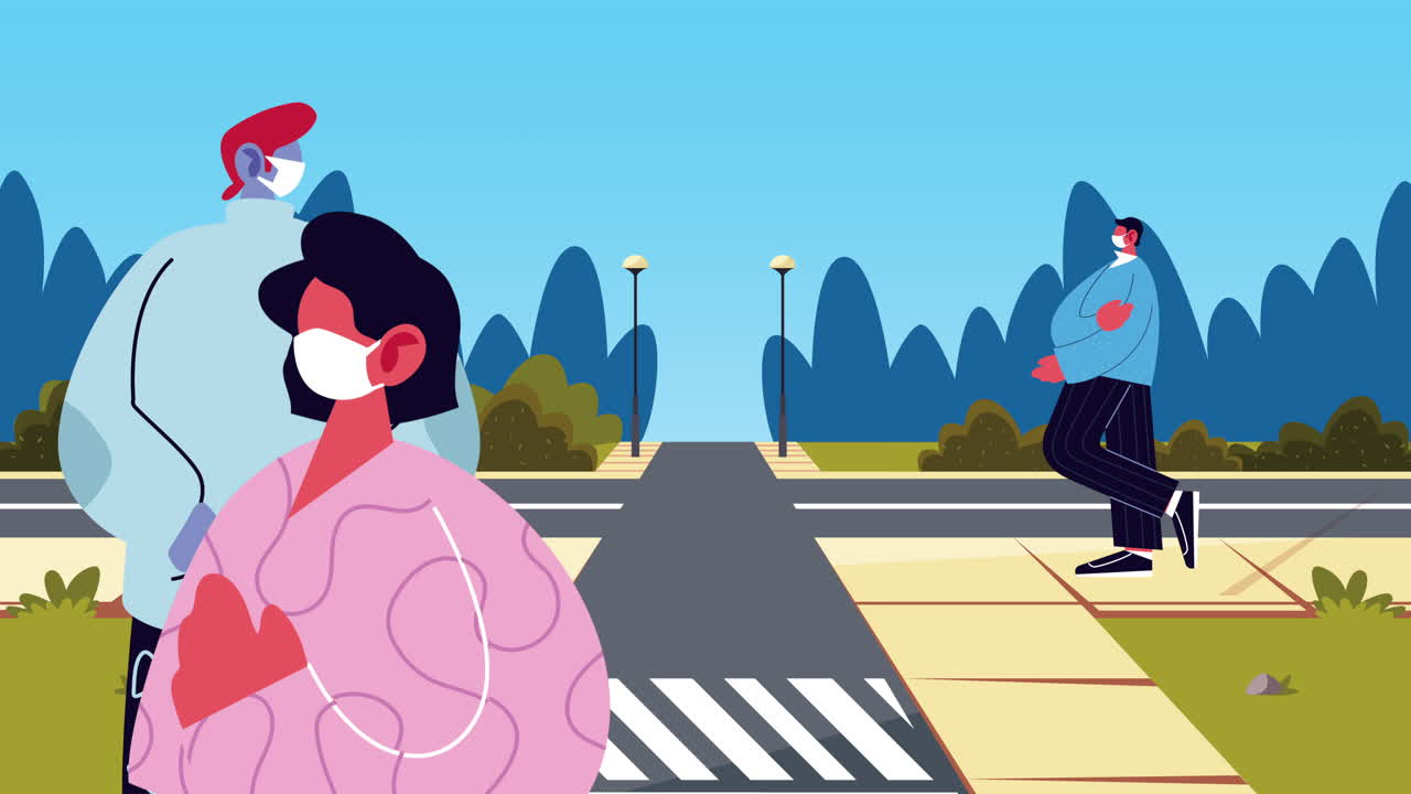 pareja de personas que usan máscaras médicas para covid-19 en la calle