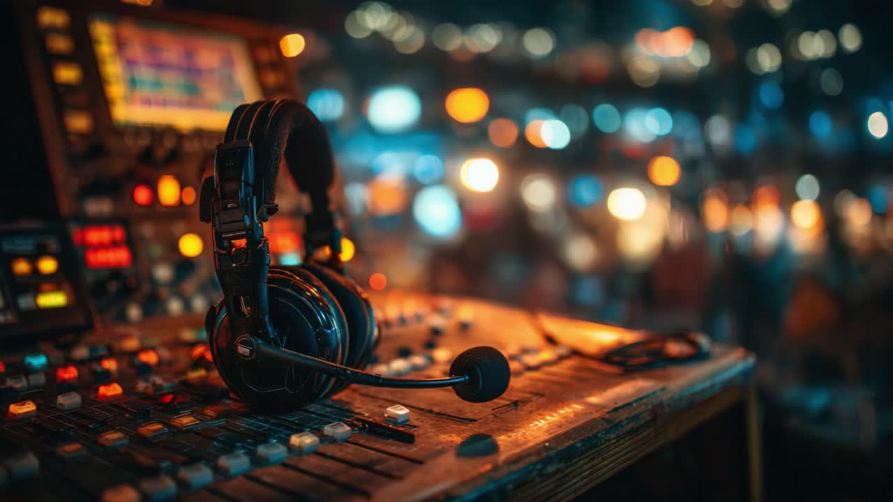 A close-up view of a professional audio headset resting on a vintage mixing console, illuminated by soft, colorful lights, capturing the vibrant atmosphere of a dynamic sound environment