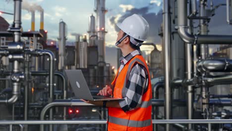 side view of asian male engineer with safety helmet working on a laptop and looking around while standing in a refinery, oil processing equipment and machinery