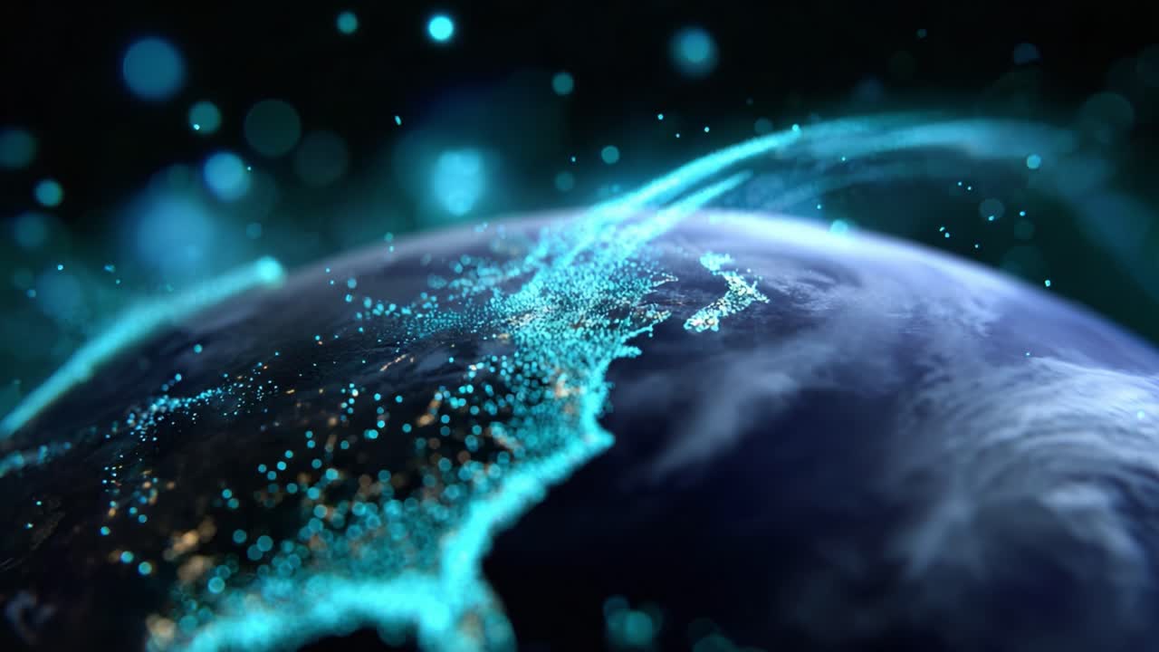 Stunning Visual of Earth Highlighting Illuminated Regions and Dynamic Energy Patterns in a Dark Background, Showcasing Technological Connection and Natural Beauty