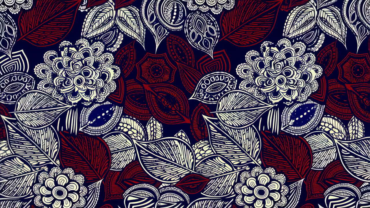 Intricate Floral and Leaf Pattern in Red, White, and Blue