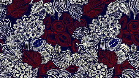 intricate floral and leaf pattern in red, white, and blue