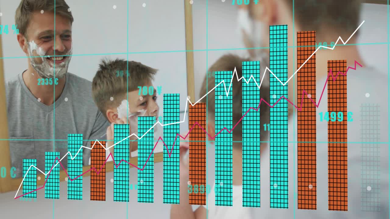 Dad guiding son copying shave moves at sink, child lifting razor sparking finance bars over mirror