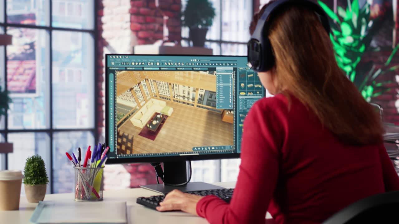 Woman using interior design software on computer