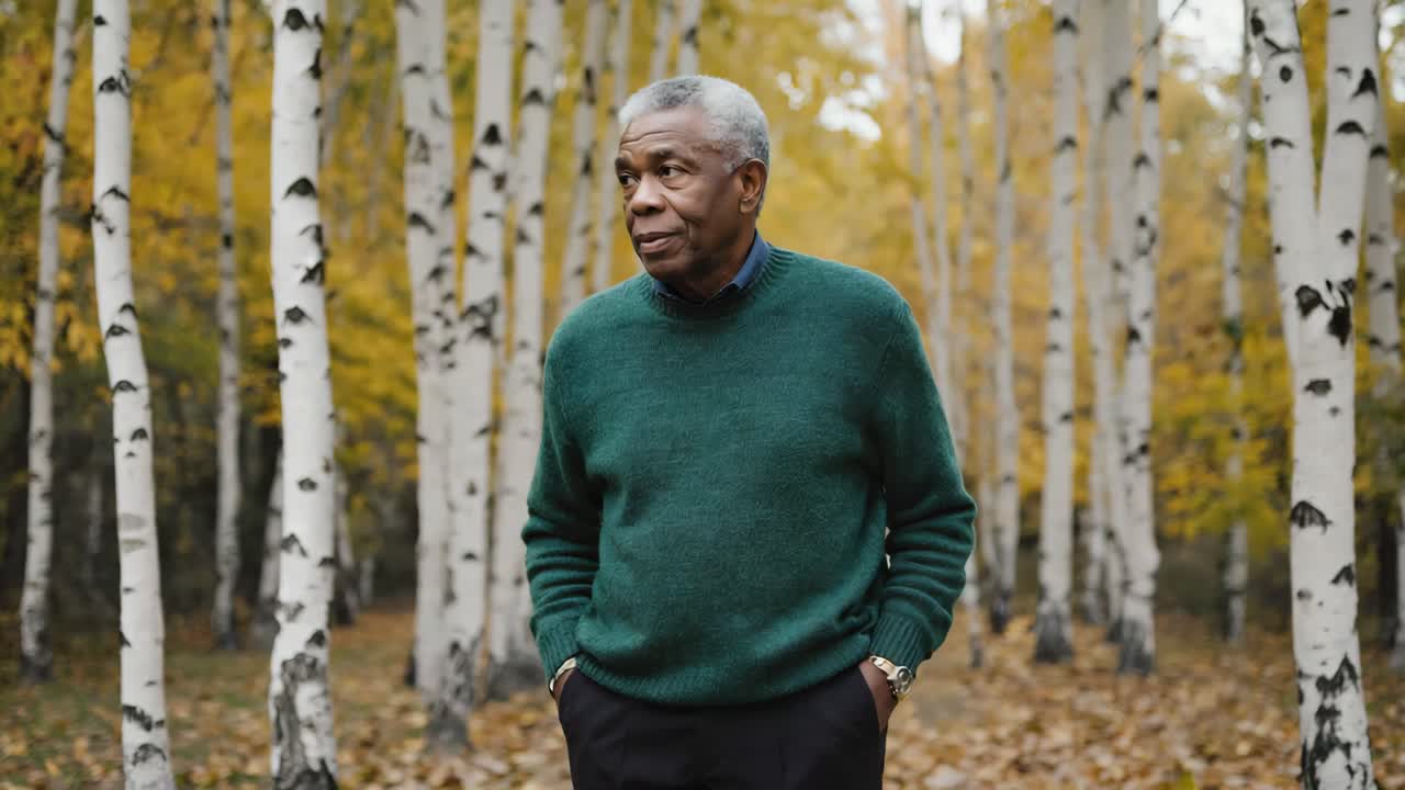 Man in autumn birch forest