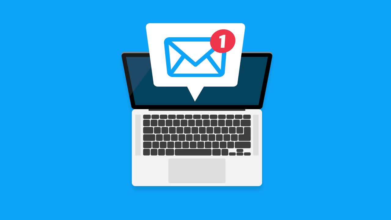 New message icon on screen of laptop. Smartphone, mobile, laptop. New nessage in flat style. Motion graphics.