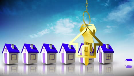 llaves de la casa y llaves colgando sobre modelos de casas 3d en el fondo