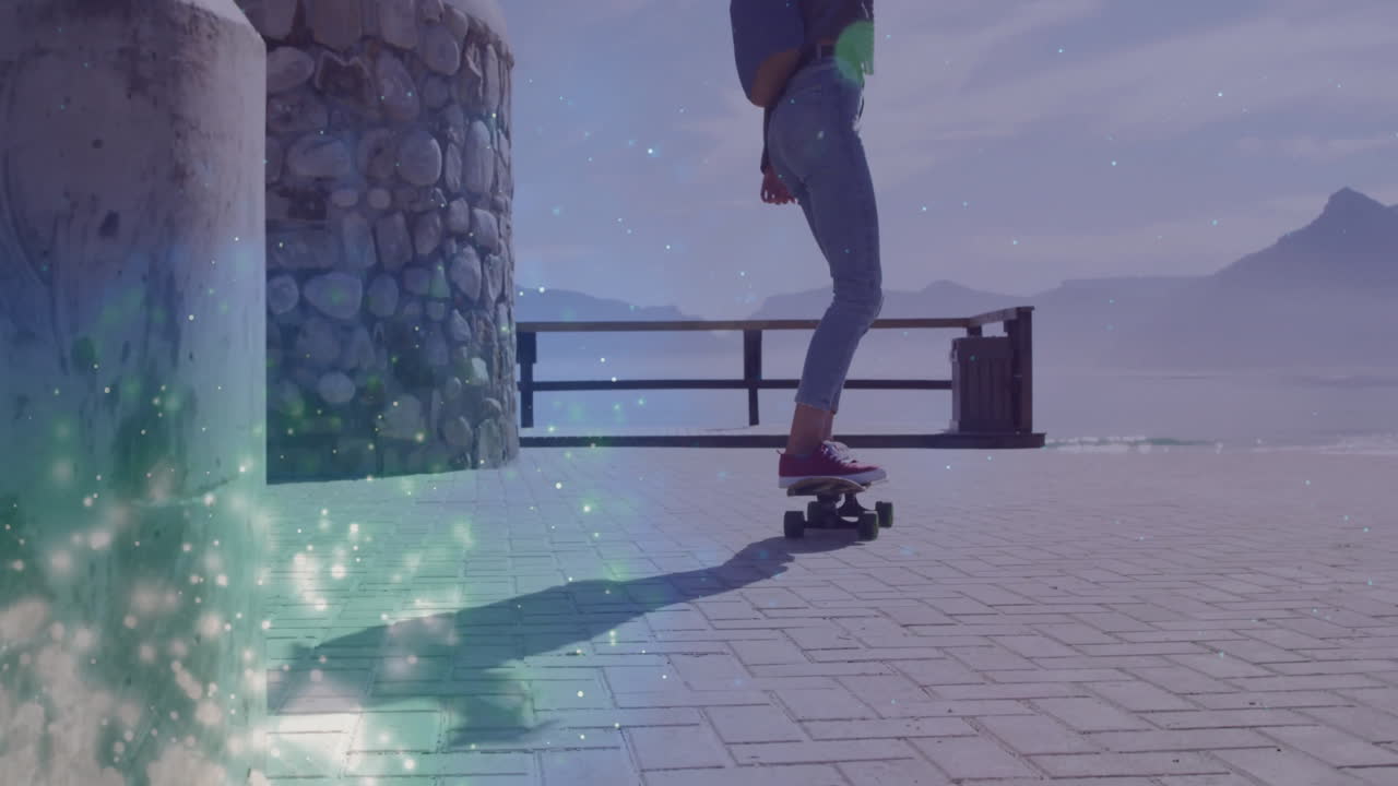 woman balancing on skateboard along seaside promenade, displaying animated travel graphs