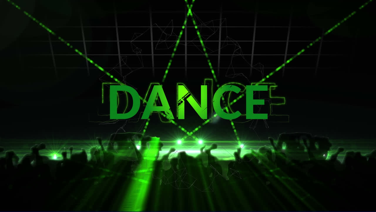 Animazione di testo "dance" su silhouette di persone che ballano e laser
