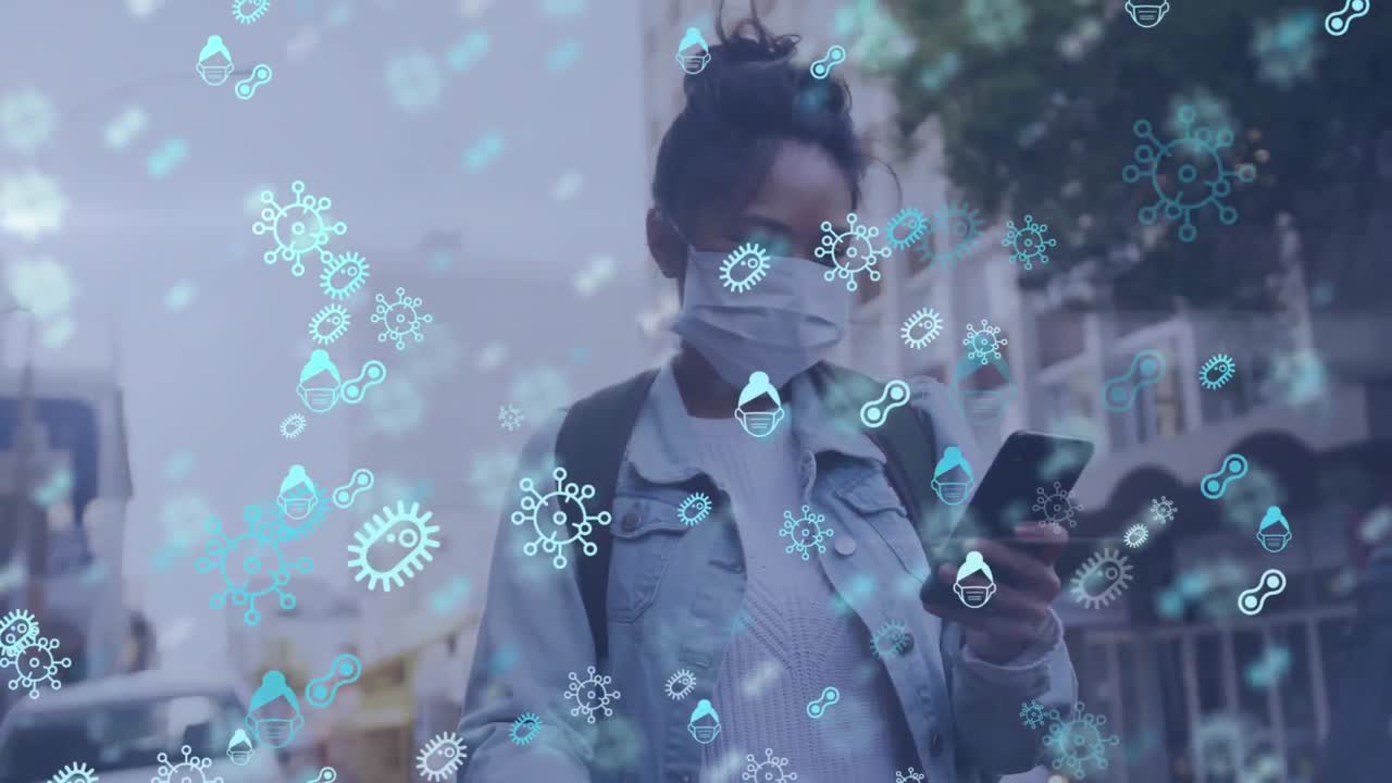 animación de una mujer con una máscara en la calle sobre los iconos de bacterias y virus