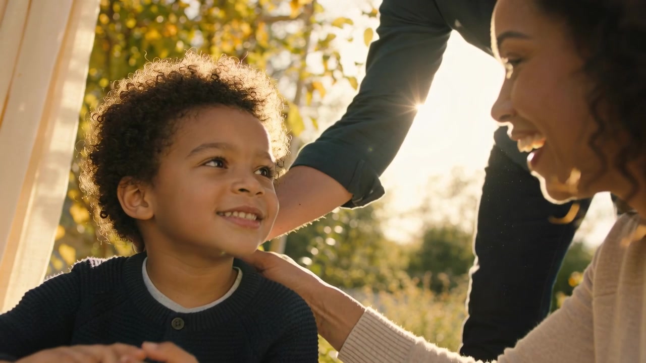 Smiling boy navy sweater turning toward woman as adults placing hands for reassurance in tent