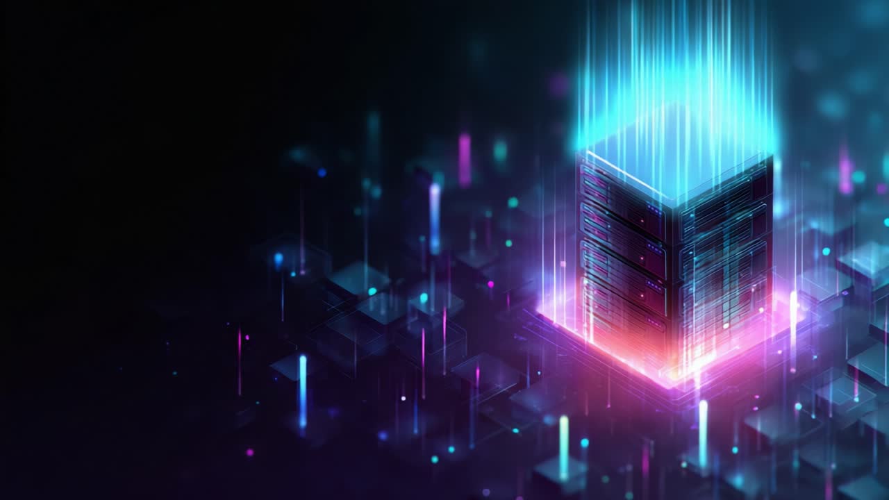 A Futuristic Data Server Glowing with Neon Lights: A Visualization of Advanced Technology and Digital Innovation in a High-Tech Environment