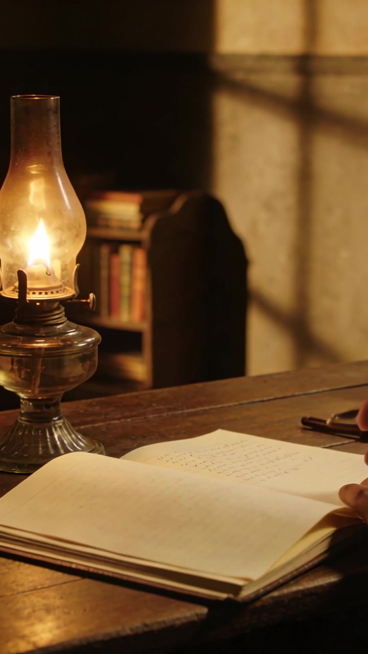 Video verticale: Mano che scrive su un diario alla scrivania, penna sospesa sotto una lampada a olio, con manica scura