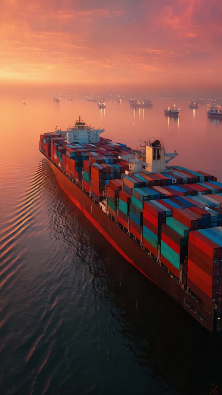 Majestic Container Ship Navigating Through Tranquil Waters at Dawn, Surrounded by a Sea of Colorful Shipping Containers and Reflective Skies