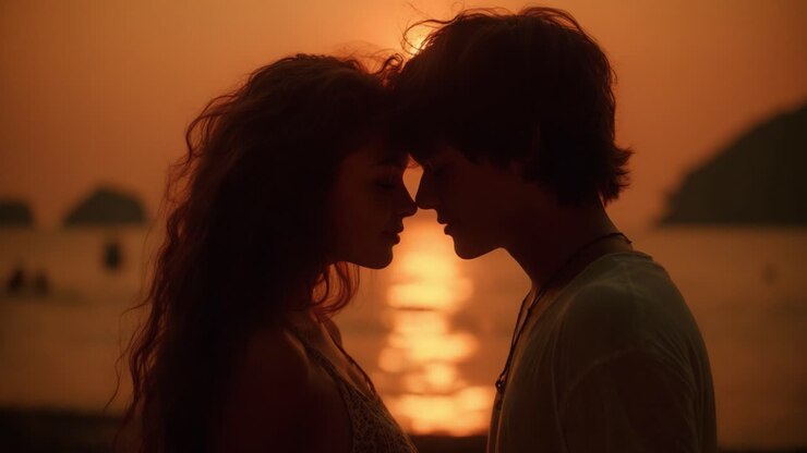Une étreinte romantique au coucher du soleil : capturer le lien intime entre deux âmes amoureuses sur la plage, enveloppées par la lueur d’un soleil couchant sur l’océan