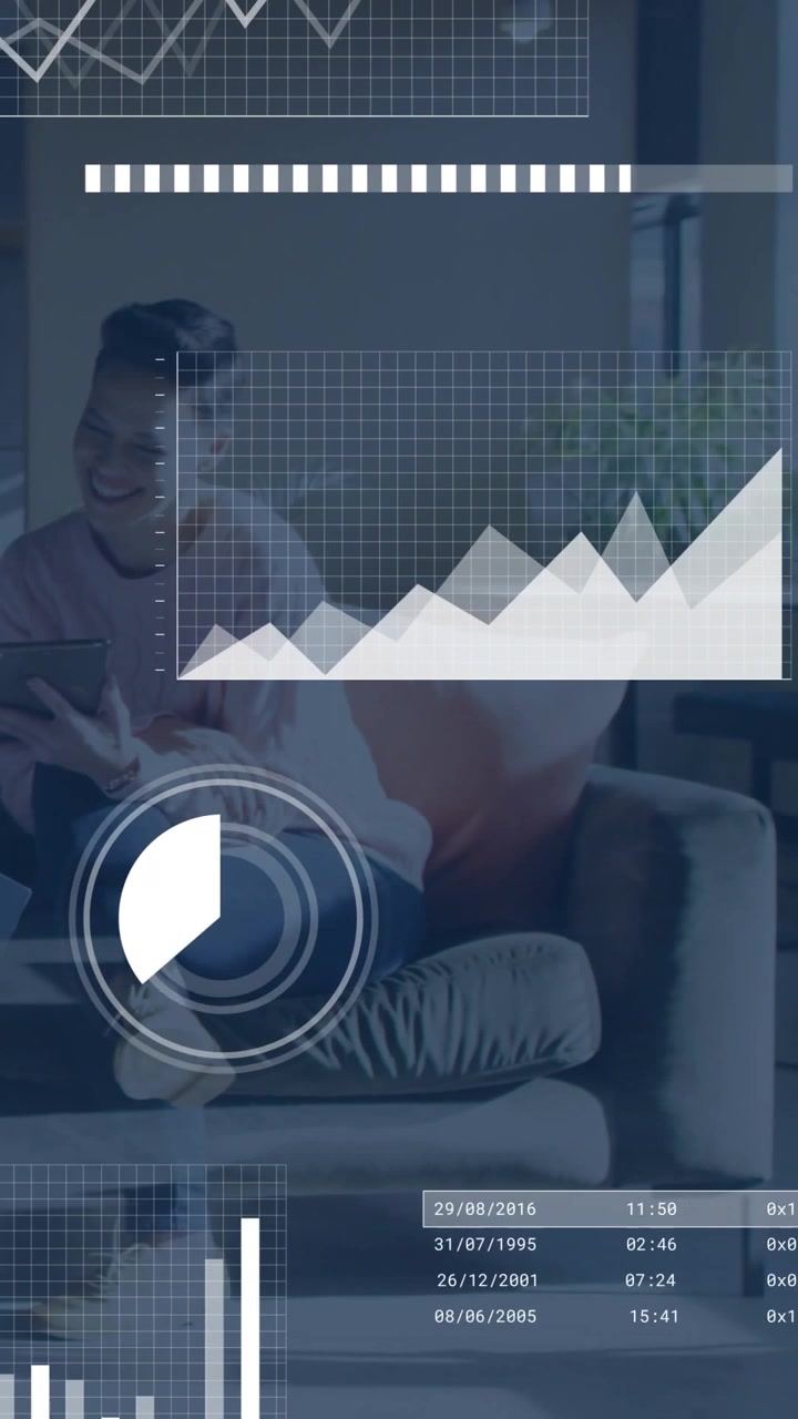 Vertical video: Teen tapping tablet on sofa, causing tech HUD timers and charts tracking progress