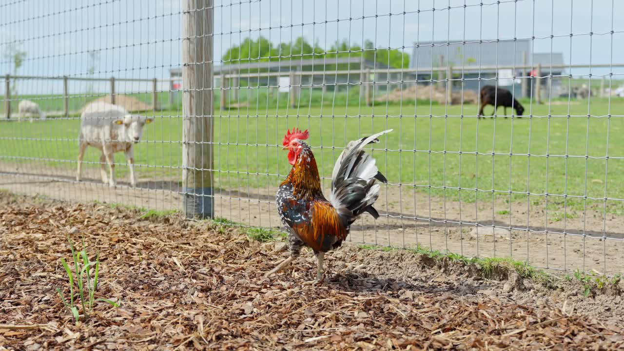 Colorful rooster walks along fenced area at bright and spacious animal park