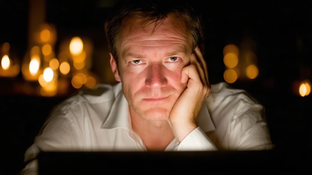 A Pensive Moment: Contemplation in Dim Light as a Man Engages with His Laptop Amidst the Soft Glow of Candles in the Background