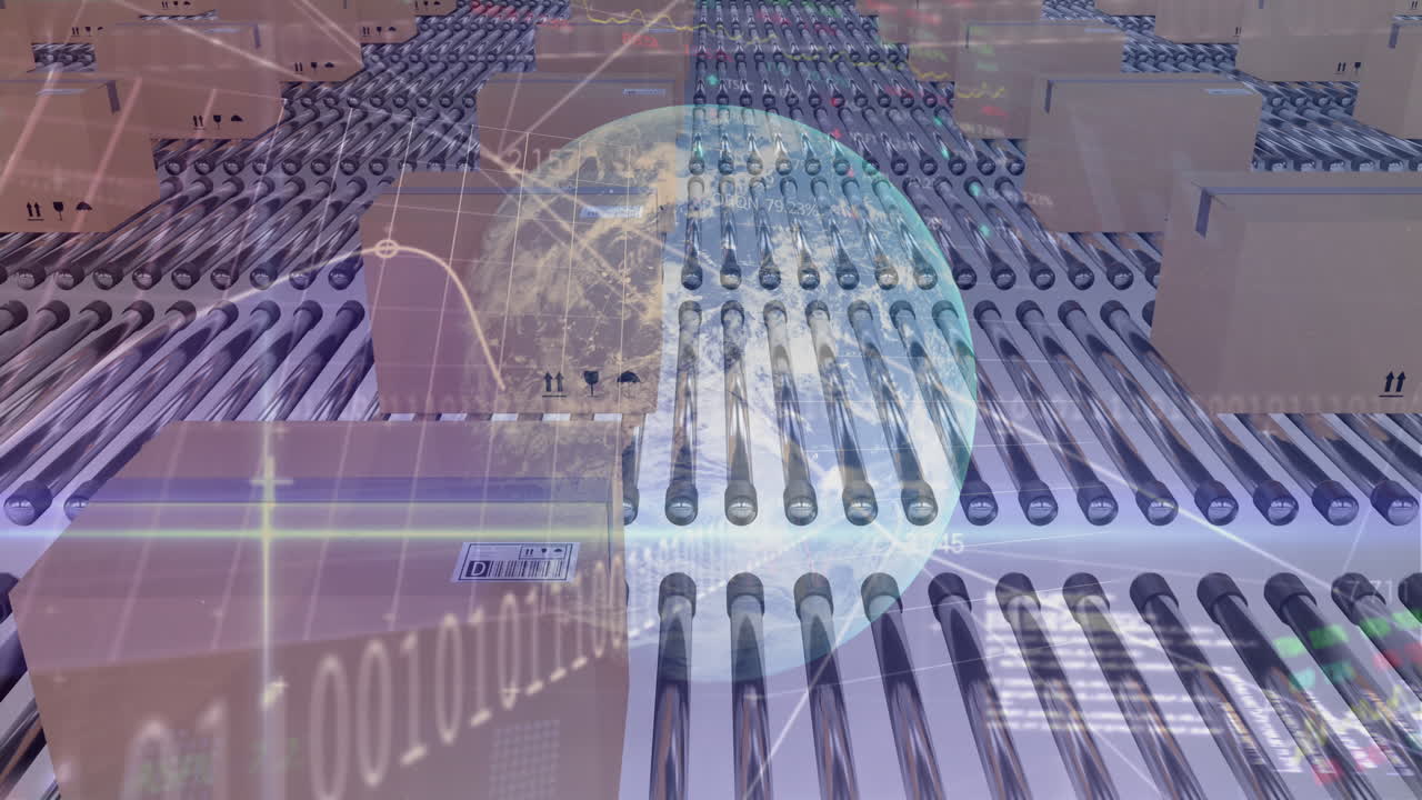 컨베이어 벨트에 있는 카드보드 상자 위에서 지구의 애니메이션과 데이터 처리가