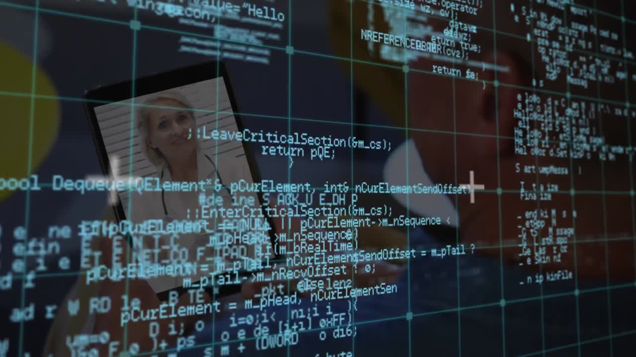 의사와 태블릿 비디오 통화를 하는 두 인종의 사업가에 대한 데이터 처리 애니메이션