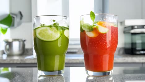 manos añadiendo rebanadas de menta y cítricos frescos a vibrantes cócteles de verano en un mostrador de cocina moderno. destacando la preparación de bebidas coloridas y refrescantes