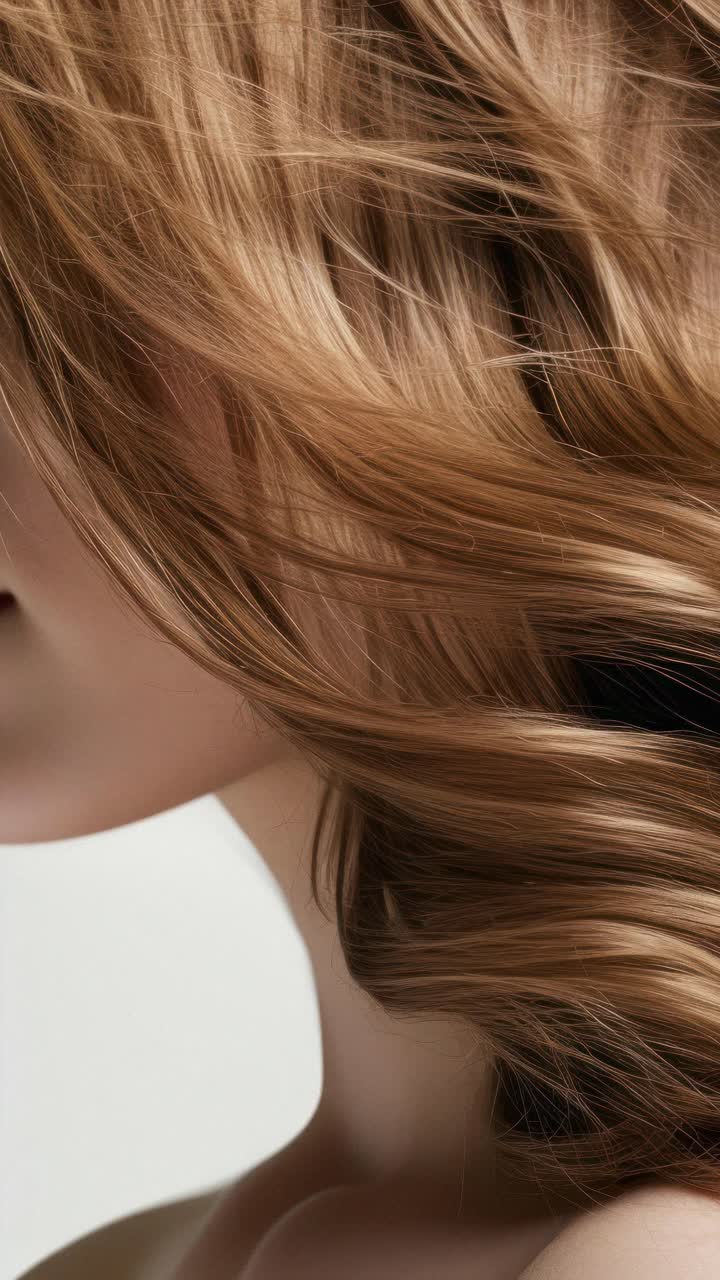 Close-up side angle of a woman with wavy brown hair, softly lit, creating an intimate, cinematic