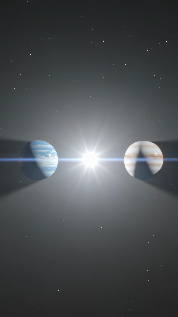 Vertical video: Showing two planets flanking bright star in space, star brightening producing flare