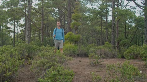 male hiker walking in forest