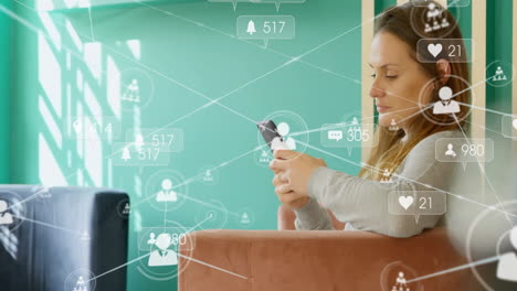 using smartphone, woman surrounded by social media notifications and connections  animation