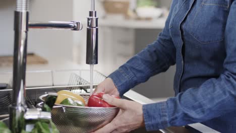 midsection of senior caucasian woman washing vegetables in kitchen sink, slow motion