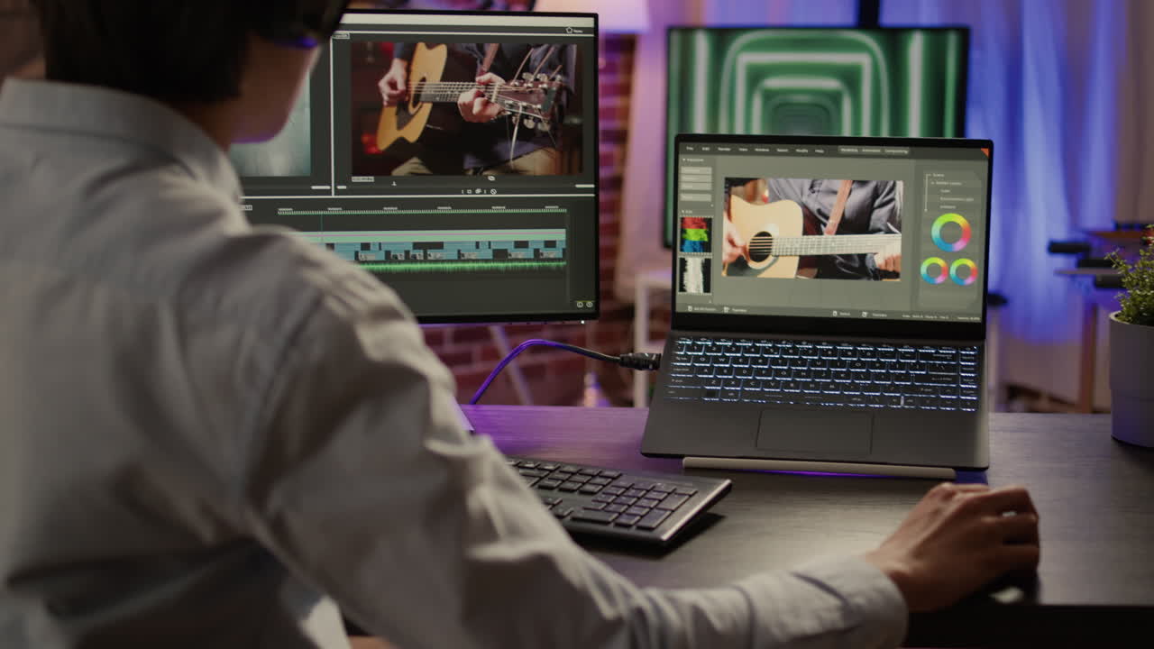 Video Editor Working on Post-Production with Guitarist Footage