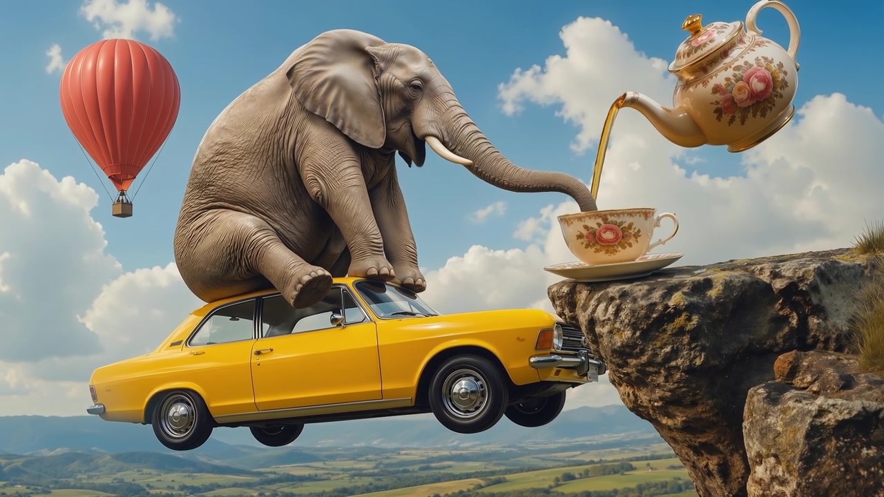 Surreale Komposition mit einem Elefanten, der auf einem gelben Auto sitzt, das durch Wolken fliegt, nahe einer gießenden Teekanne.