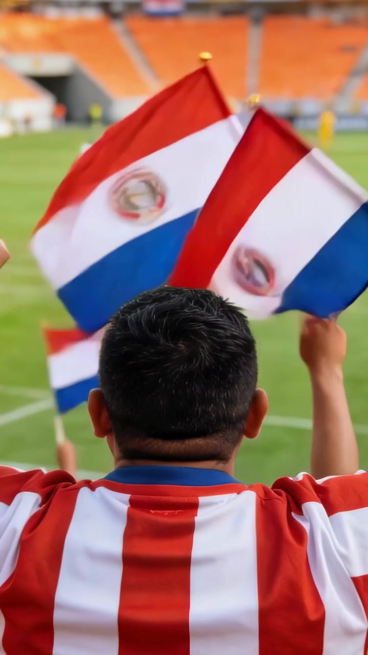 Vídeo vertical: Torcedor com uniforme listrado acenando bandeiras nas arquibancadas, torcendo enquanto os jogadores correm para o gol.