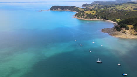 stunning view of a serene blue ocean dotted with boats and a lush green forest coastline