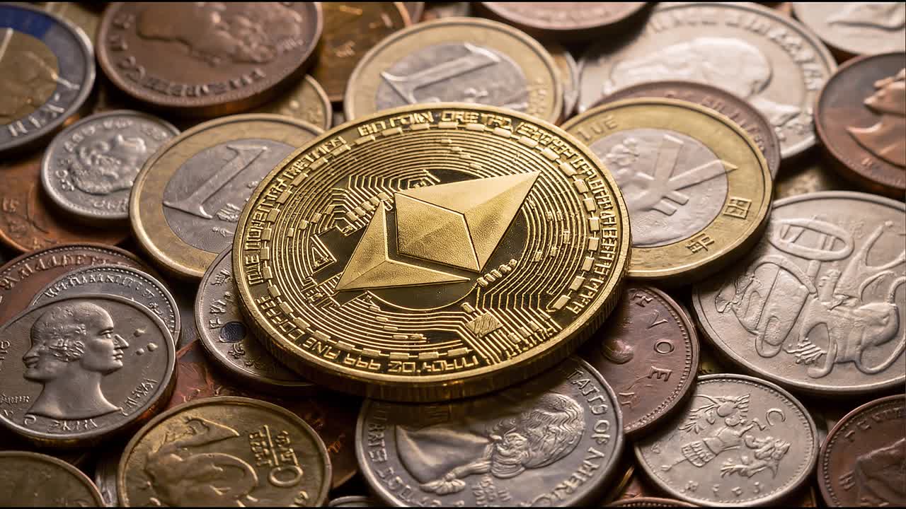 Ethereum kryptovaluta mønt placeret på internationale mønter, der repræsenterer digital finans og blockchain-teknologi