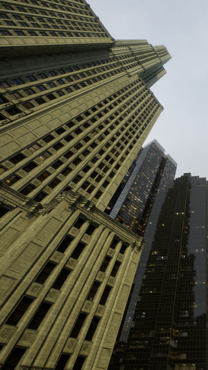 Majestic skyscrapers rise against a twilight sky in an urban landscape