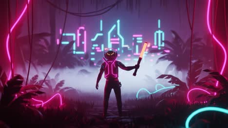 A futuristic character stands poised in a vibrant neon forest, illuminated by pulsating lights and digital architecture, ready for an adventure in a surreal landscape