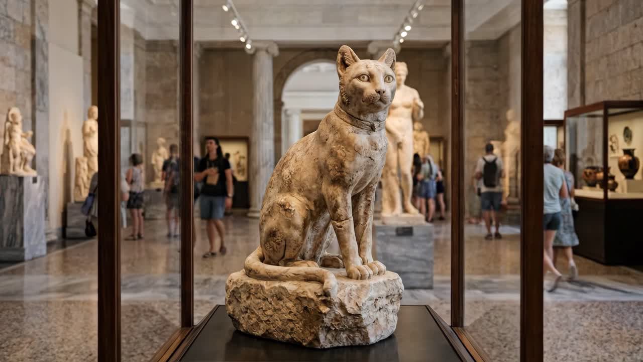 Marmorkattstatue utstilt på et museum med besøkende