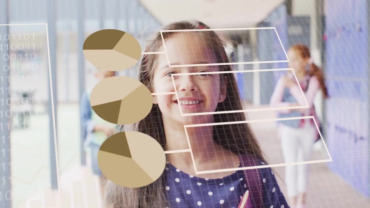Girl walking past camera initiating school data overlays collecting analysing student metrics