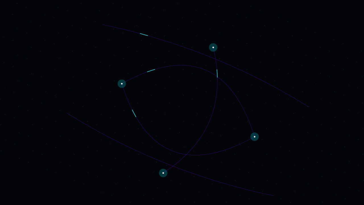Grafica in movimento astratta con nodi geometrici rotanti e percorsi orbitali